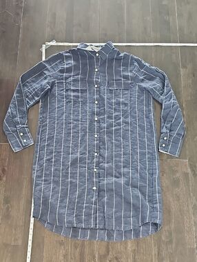 Striped Longline Button-Up Shirt - Navy